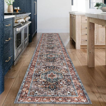 KOZYFLY Runners for Hallways 2x12 Ft Washable Kitchen Runner Rug Boho Long Runner for Entryway Indoor Printed Faux Wool Carpet for Bedroom Kitchen Hall, Brick Red/Orange/Green