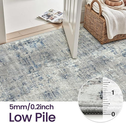 DEXI 5x8 Area Rug for Living Room, Modern Abstract Thin Washable Rug Indoor Floor, Non Slip Stain Resistant Low Pile Carpet for Dining Room Bedroom Office, Blue