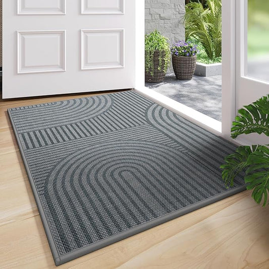 Front Door Mat 24''x35'', Absorbent Muddy Dirt Resist Washable Non Slip Low-Profile Indoor Doormat, Easy Clean Welcome Entryway Door Mats, Grey