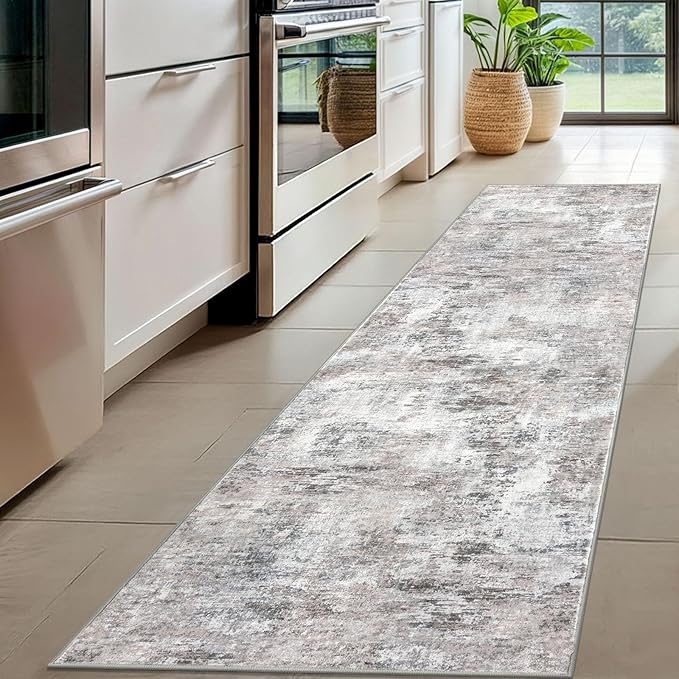 Modern Abstract Hallway Runner Rug, Beige Grey 2x8 Runner Rug, Washable Kitchen Runner Non-Slip Soft Thin Print Faux Wool Carpet for Entryway Bedroom Laundry Room Indoor
