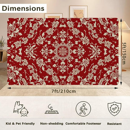 Red Flower Carpet for Living Room, 5x7 Non-Slip Washable Low Pile Abstract Design Rug, Space Saving Area Rug for Bedroom, Dining Room