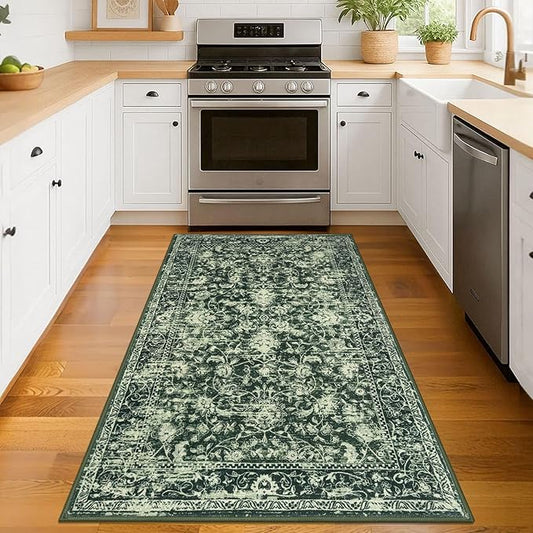 KILOCOCO Area Rug 3x5 Entryway Rug Washable Printed Vintage Floral Rubber Backed Non Slip Indoor Kitchen Rugs for Living Room Laundry Room Playroom Mudroom Moroccan Area Rugs, Green