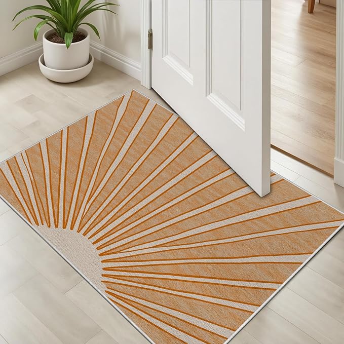 Boho Sun Print Area Rug for Living Room 5x6, Modern Abstract Non-Slip Washable Rugs, Soft Stripe Minimalism Carpet for Bedroom, Nursery, Entryway, Dining Room & Office Decor, Orange White
