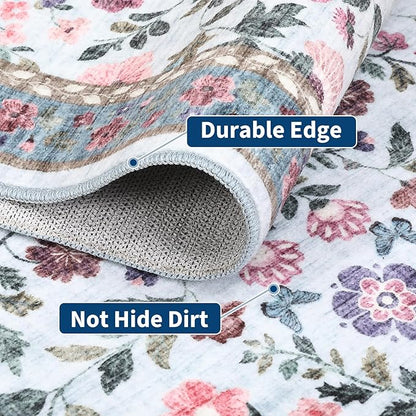Washable Runner Rug 2.5 x 8 Non-Slip Non-Shedding Soft Vintage Bedside Low Pile Farmhouse Floral Carpet, Indoor Foldable Printed Entryway Rug for Hallway Kitchen, Light Blue