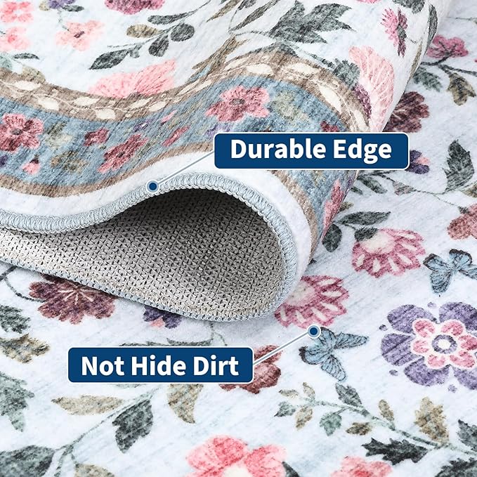 GarveeHome Washable Runner Rug 2 x 6 Non-Slip Non-Shedding Soft Vintage Bedside Rug, Low Pile Farmhouse Floral Carpet, Indoor Foldable Printed Entryway Rug for Hallway Kitchen, Light Blue
