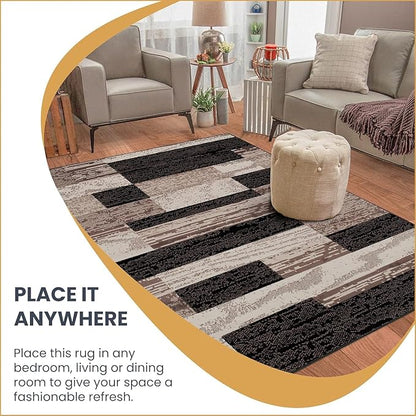 Superior Indoor Area Rug, Plush Carpet Cover, for Kids or Pets, Hallway, Entryway, Living Room, Dining, Bedroom, Office, Kitchen, Modern Geometric Patchwork, Rockwood Collection, 12' x 18', Chocolate