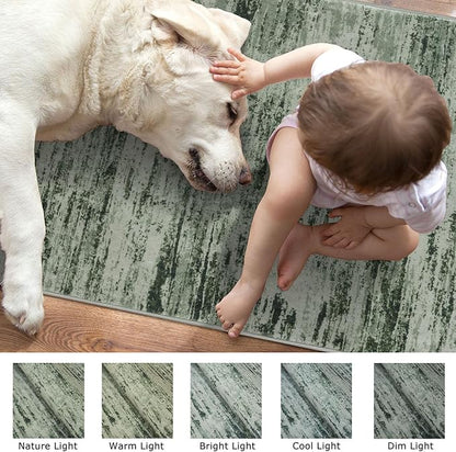 Modern Abstract Hallway Runner Rug, Forest Green Washable Kitchen Runner Non-Slip Soft 2x8 Runner Rug Thin Print Faux Wool Carpet for Entryway Bedroom Laundry Room Indoor