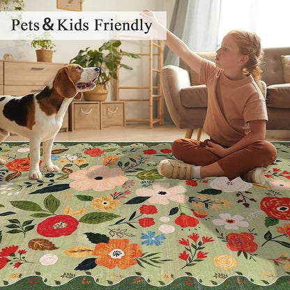 U'Artlines 5x7ft Vintage Floral Area Rug Machine Washable Ultra Soft Low Pile Non Slip Non Shedding Accent Floor Carpet for Living Room, Bedroom, Dining Room, Office (Green)