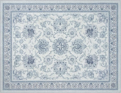 Phantoscope Washable Area Rug 9'x12' Non-Slip, Vintage Neutral Rugs for Living Room, Bedroom, Dining Room, Distressed Boho Floral Medallion Pattern, Low-Pile Foldable Floor Carpet, Blue/White