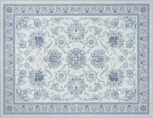 Phantoscope Washable Area Rug 9'x12' Non-Slip, Vintage Neutral Rugs for Living Room, Bedroom, Dining Room, Distressed Boho Floral Medallion Pattern, Low-Pile Foldable Floor Carpet, Blue/White