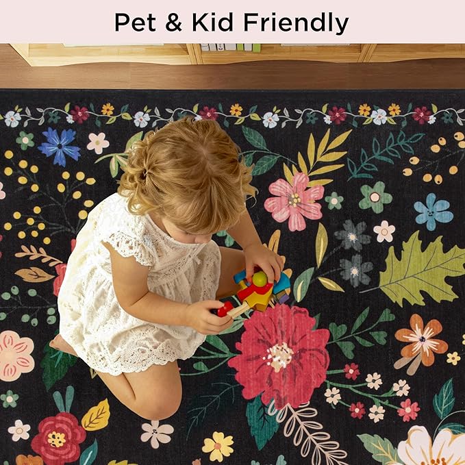 5x7 Washable Rug for Living Room, Floral Black Area Rug, Non Slip Low Pile Soft Flower Carpet, Large Rugs for Bedroom, Dining Room, Office, Kids Playroom, Nursery