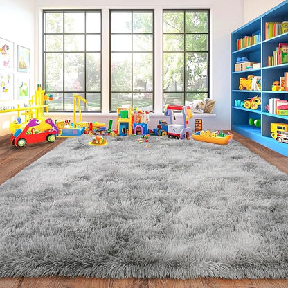 Ultra Soft Fluffy Rugs for Bedroom, Anti-Skid Indoor Carpet Nursery Rugs for Kids Room Home Decor, Rectangular Fuzzy Rug Tie-Dyed Light Grey 5x7 Feet