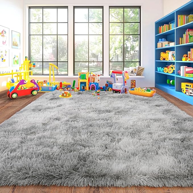 Large Soft Fluffy Rugs for Bedroom, Anti-Skid Indoor Carpet Nursery Rugs for Kids Room Home Decor, Fuzzy Rug Tie-Dyed Light Grey 9x12 Feet