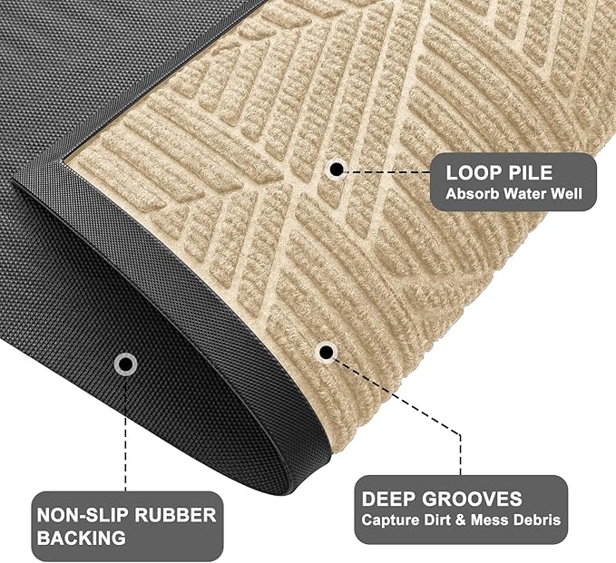 Kitinjoy Front Door Mat Outside Entrance, Sturdy Natural Dirt Trapper, Heavy Duty Rubber Doormat, Low Profile Non-Slip Backing, Easy Clean Floor Mat for Indoor Outdoor Entry, 35X23 Inch, Beige