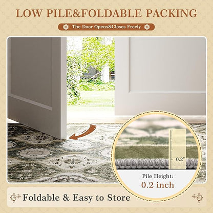 EnHomee Washable Area Rugs 4x6, Soft Area Rug for Living Room Bedroom, Boho Non Slip Low Pile Stain Resistant Washable Rug Large Carpet for Dining Room,Easy to Clean Living Room Rug, Green