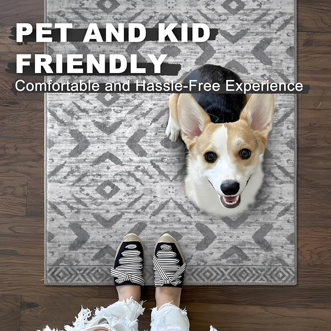 KILOCOCO Kitchen Runner Rug Hallway Runner Rug Washable, Soft Runners Rugs Non Slip Printed Distressed Laundry Room Rugs, Low-Pile Runners for Entryway/Bedroom/Living Room, 2x5 Gray/White