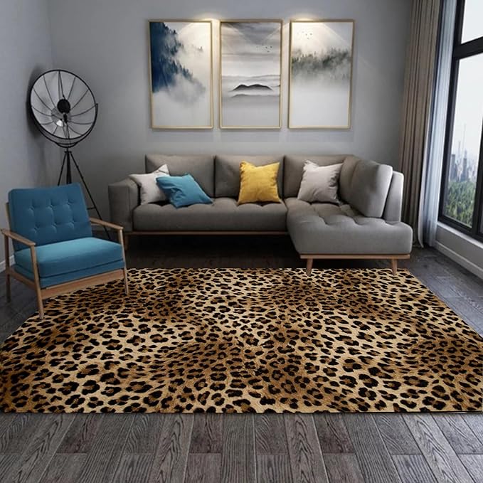 Leopard Rug 6x9 Washable Area Rug Soft Large Bedroom Rug Non Slip Living Room Rugs Leopard Print Low-Pile Indoor Carpet for Den Dorm Playroom（6x9ft,Brown）