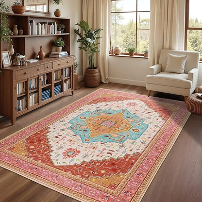 4x6 Orange Pink Area Rug for Living Room, Machine Washable Rugs with Non-Slip Backing for Bedroom, Vintage Medallion Carpet Kitchen Laundry Kids Room Decor