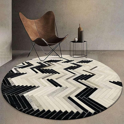 Round Cowhide Faux Leather Area Rug 9×9 ft – Black & White Modern Chevron Pattern Low Pile Carpet with Non-Slip Wool Backing, Soft Durable Living Room & Bedroom Accent Rug