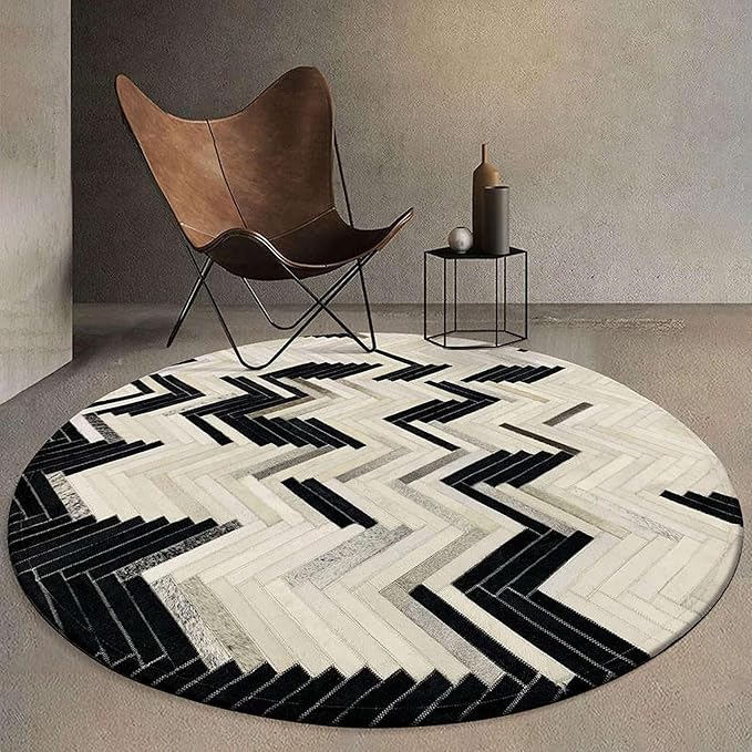 Round Cowhide Faux Leather Area Rug 3×3 ft – Black & White Modern Chevron Pattern Low Pile Carpet with Non-Slip Wool Backing, Soft Durable Living Room & Bedroom Accent Rug