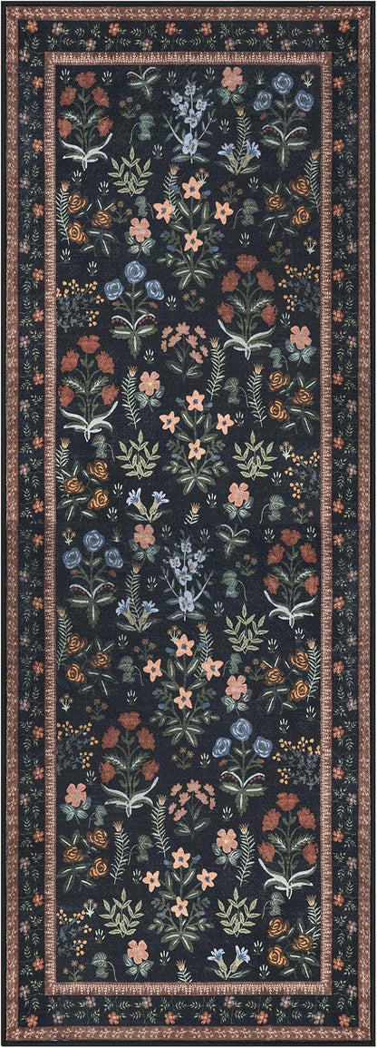 Boho Floral Machine Washable Runner Rug 2x6, Black Navy Kitchen Runner Rug Non-Slip, Super Thin Hallway Rug Runner Printed Faux Wool Soft Carpet for Entryway Bedroom Laundry Room Indoor