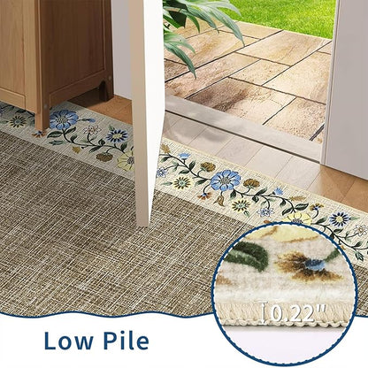 GarveeHome Washable Living Room Rug 9x12 Floral Bordered Area Rugs Soft Thin Indoor Carpet for Bedroom Modern Throw Aesthetic Mat Non Slip Stain Resistant Carpet for Dining Room Office, Dark Camel