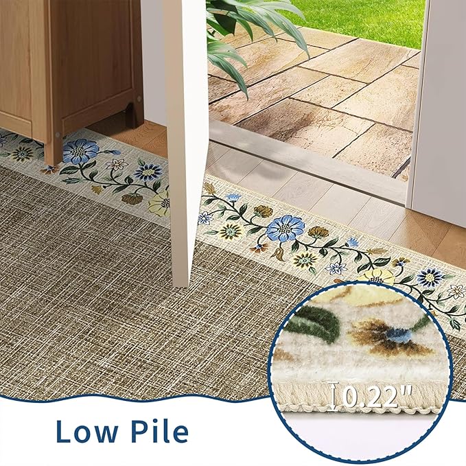 GarveeHome Washable Rugs for Living ROM 8 x 10 Large Area Rug Farmhouse Floral Bordered Bedroom Carpet Indoor Non-Slip Nursery Mat Soft Non Shedding Stain Resistant Carpet for Dining Room, Dark Camel