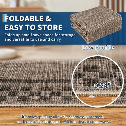 Washable Runner Rug 2x10 Modern Bordered Hallway Runner Rug Non Slip Kitchen Throw Carpet Checkered Bathroom Entryway Runner Rugs Low Pile Solid Area Rugs for Living Room Bedroom Nursery Sink, Brown