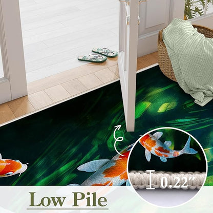 Green Pond Koi Fish Area Carpet, 3x5ft, 3D Realistic Underwater Koi Printed Carpets, Chinese Natural Landscape Soft Low Pile Rug, with Non Slip Backing Pet Friendly Rugs for Entryway