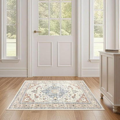 2x3 Rug Small Area Rugs: Washable Boho Neutral Vintage Soft Indoor Floor Oriental Carpet Farmhouse Distressed Low Pile Non Slip Throw Carpet for Kitchen Entryway Bedroom Nursery Entry- Beige Blue