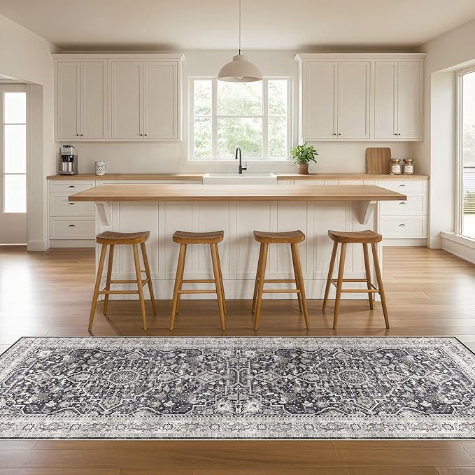 Runner Rug Kitchen Washable Rugs: 3x8 Non-Slip Boho Vintage Distressed Stain Resistant Indoor Floor Moody Oriental Throw Carpet for Hallway Bathroom Laundry Room Entryway Bedroom- Black