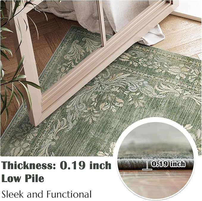 jinchan Green 4x6 Area Rugs Vintage Floral Design - Machine Washable Distressed Soft Ultra-Thin Low-Pile Non-Slip Carpet for Entryway Kitchen Bedroom Nursery Living Room Dining Room (4x6ft,Green)