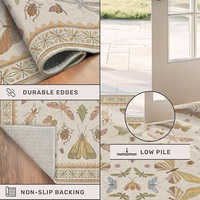 Large Beige Farmhouse Rugs for Living Room - 9x12 Area Rug for Bedroom, Dining Room, Kids Playroom, Stain Resistant Non Slip Low Pile Lightweight Carpet Indoor Butterfly Décor