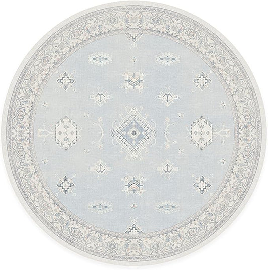 RUGGABLE Washable Vintage Area Rug – Verena Soft Blue 6 ft Round, Stain-Resistant, Non-Slip – Medium Machine Washable Rugs for Living Room, Bedroom, Hallway, Entryway & Office–with Cushioned Pad