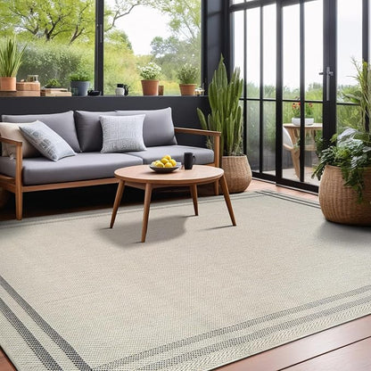 Easy Jute Rugs 8x10 Bordered Bone Color Living Room Indoor Outdoor Area Rug for Patio and Kitchen Rug High Traffic Washable Easy to Clean Solid Boho Woven Design Outside Carpet (8 x 10)