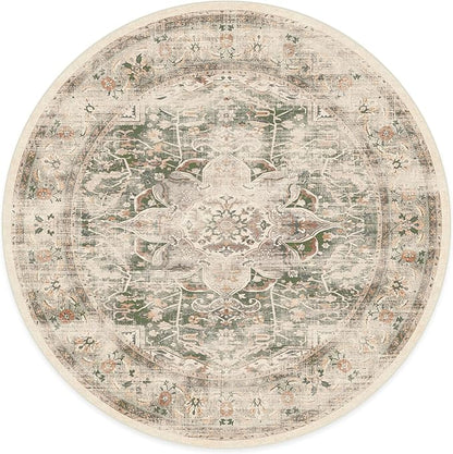 RUGGABLE Washable Vintage Area Rug – Sarrah Sage 6 ft Round, Stain-Resistant, Non-Slip – Medium Machine Washable Rugs for Living Room, Bedroom, Hallway, Entryway & Office–with Standard Pad