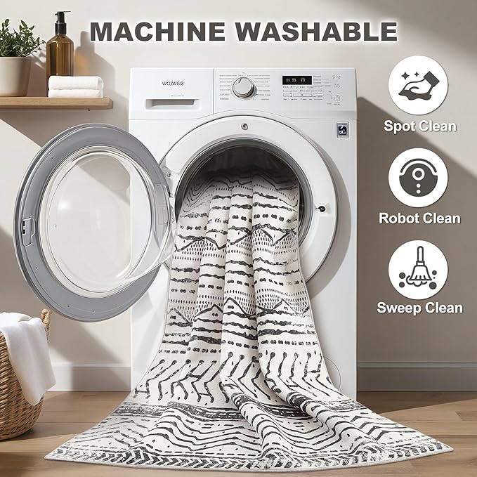 Nakagishi Area Rug Living Room Rugs: 6X9 Machine Washable Boho Large Neutral Farmhouse Stain Resistant Moroccan Indoor Floor Carpet for Bedroom Nursery Dorm Dining Room Home-Ivory Black