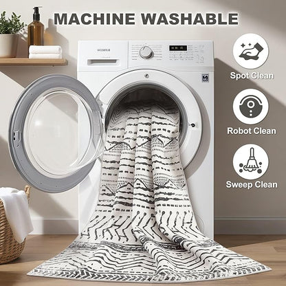 Nakagishi Area Rug Living Room Rugs: 6X9 Machine Washable Boho Large Neutral Farmhouse Stain Resistant Moroccan Indoor Floor Carpet for Bedroom Nursery Dorm Dining Room Home-Ivory Black