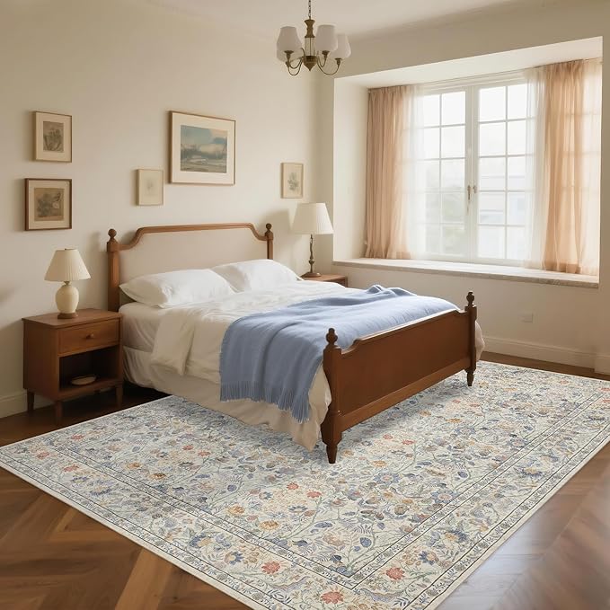 Washable Living Room Rug: 9x12 Boho Floral Soft Area Rug for Bedroom Decor - Vintage Low Pile Thin Carpet for Dining Room Non-Slip - Farmhouse Stain Resistant Rugs - Beige Blue