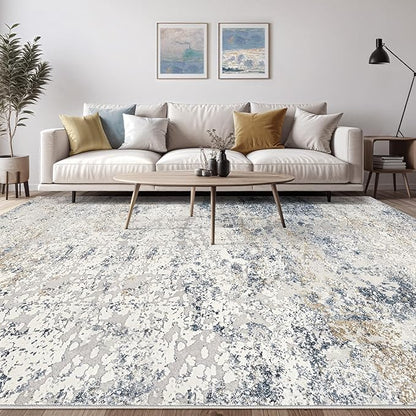 Area Rug Living Room Rugs - 10x14 Abstract Large Soft Indoor Washable Rug Neutral Modern Low Pile Carpet for Bedroom Dining Room Farmhouse Home Office - Beige Blue