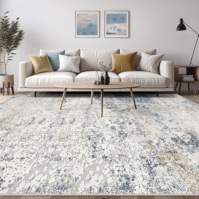Area Rug Living Room Rugs - 9x12 Abstract Large Soft Indoor Washable Rug Neutral Modern Low Pile Carpet for Bedroom Dining Room Farmhouse Home Office - Beige Blue