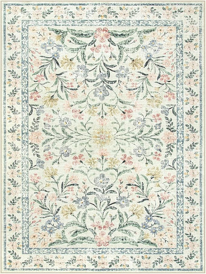 Morebes Washable Area Rugs 9x12 Living Room, Boho Large Cream Rugs for Farmhouse Non Slip, Soft Ultra-Thin Distressed Floral Carpet for Bedroom Nursery Girls Home Office Decor
