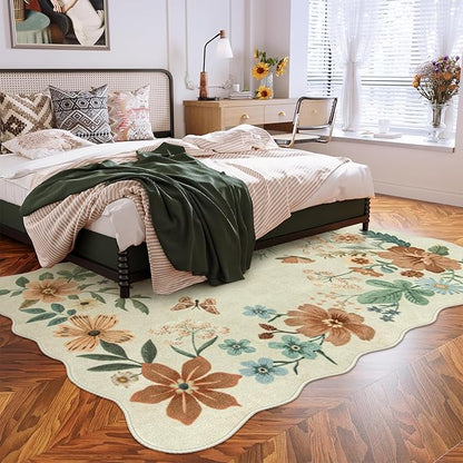 Lahome Floral Living Room Rug, 5x7 Rugs for Bedroom Ultra-Thin Soft Washable Dining Room Rug, Non Slip Stain Resistant Boho Low-Pile Throw Carpet for ‎Office (5x7ft,Beige)