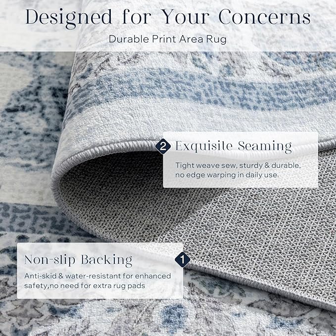 Phantoscope Washable Area Rug 6'x9' Non-Slip, Vintage Neutral Rugs for Living Room, Bedroom, Dining Room, Distressed Boho Floral Medallion Pattern, Low-Pile Foldable Floor Carpet, Blue/White