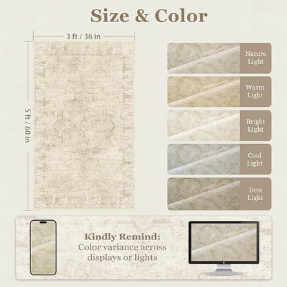 Natural Beige Distressed 3x5 Area Rugs for Entryway Foyer, Washable Non Slip Low Pile Throw Rugs for Kitchen, Farmhouse Medallion Pinted Carpet for Bedroom/Bathroom/Closet/Dorm/Home Office