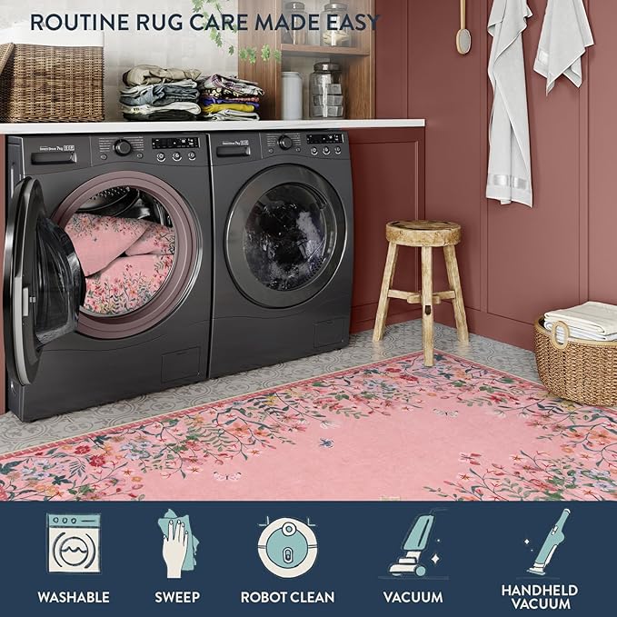 Lahome Boho Floral 2x3 Small Pink Rugs for Bedroom Washable Bathroom Rugs,Boho Floral Door Mat Indoor Entrance,Soft Non-Slip Indoor Carpet Throw Rug for Bedside Entryway Laundry(Pink,2x3)