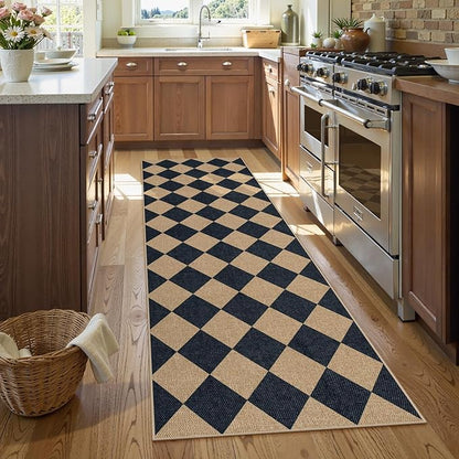 Lahome Checkered Easy Jute Runner Rug, 2x8 Hallway Kitchen Runner Rug Non Slip Washable Outdoor Carpet for Entryway Indoor, Checkerboard Black Indoor Outdoor Carpet for Hallway 8ft Entry