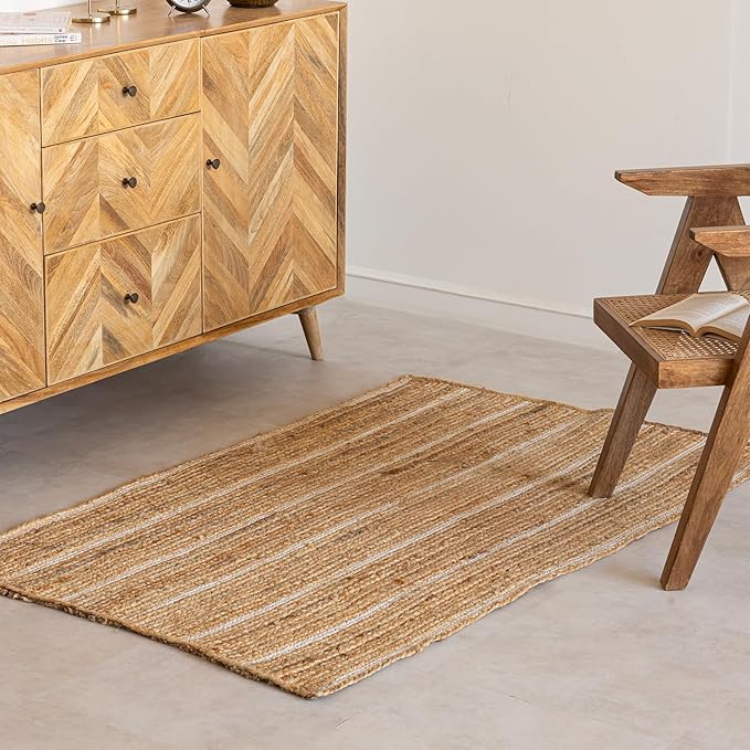 HOMEMONDE Natural Braided Jute Rug 3x5 ft - Hand Woven Off White Stripe Rustic Vintage Reversible Area Rugs for Bedroom, Kitchen, Living Room, Dining Room, Entryway and Doormat