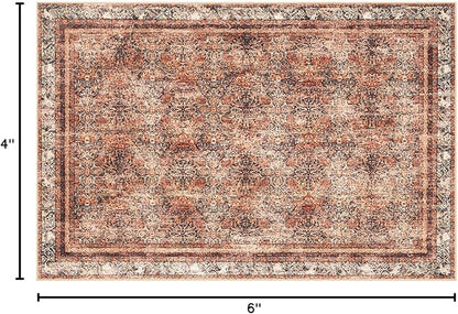 Phantoscope Washable Area Rug 4'x6' Non-Slip, Vintage Neutral Xmas Rugs for Living Room, Bedroom, Dining Room, Distressed Boho Floral Medallion Pattern, Low-Pile Foldable Floor Carpet, Brick Red/Black