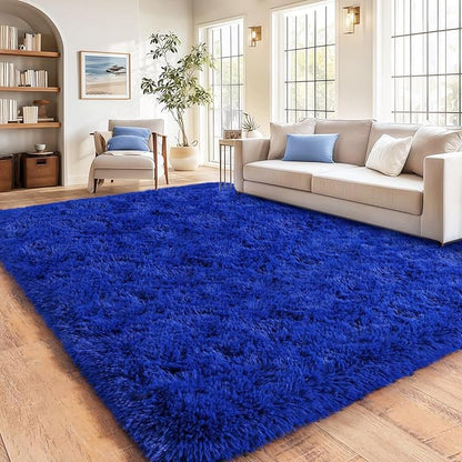 Large Fuzzy Rug 8x10 Feet Blue Fluffy Rug for Living Room, Big Plush Non-Skid Shag Carpet, Soft Shaggy Rugs for Bedroom Indoor Modern Home Decor